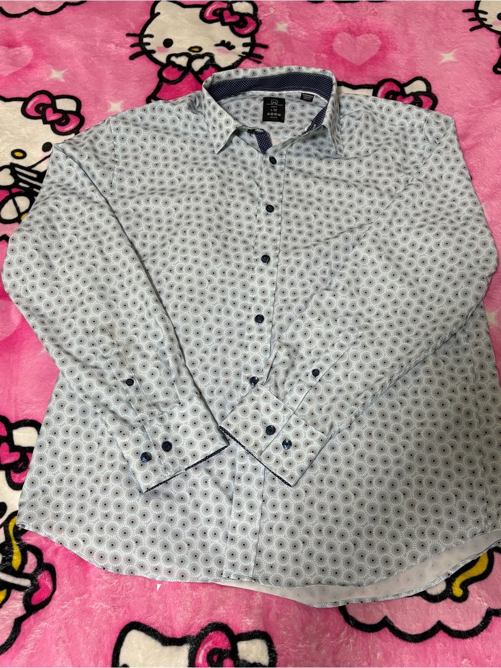 Men's White Dress Shirt with Navy Circular Print